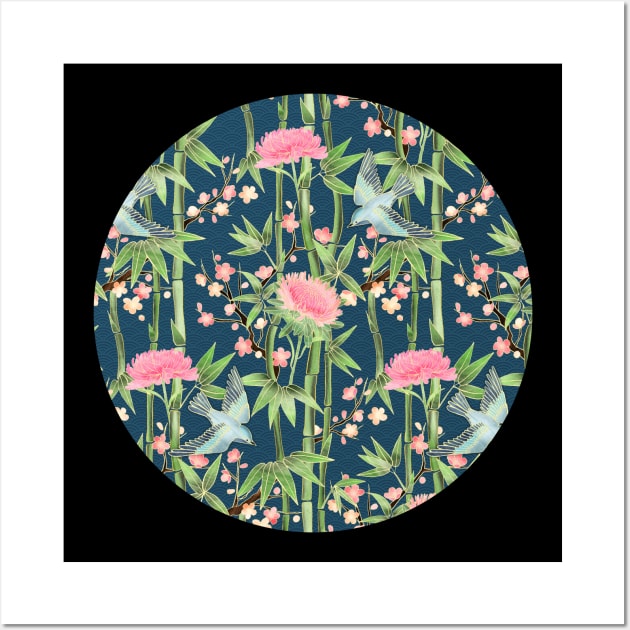 Bamboo, Birds and Blossom - dark teal Wall Art by micklyn